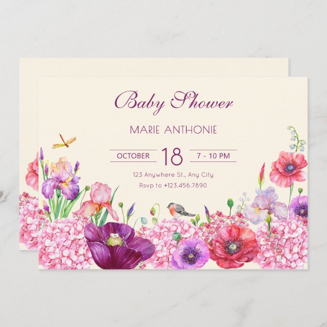 Invitation Aquarelle florale baby shower naturel oiseau (Devant / Derrière)