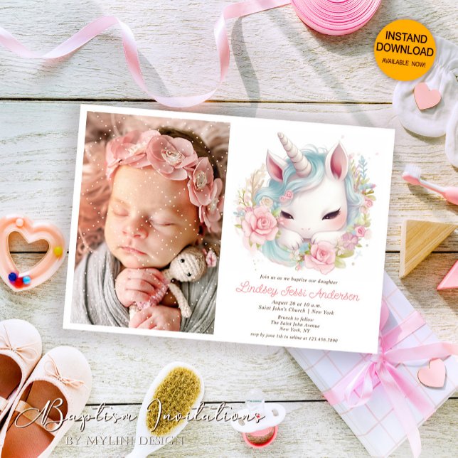 Invitation Aquarelle florale Bébé licorne, Photo Girl Baptism (Créateur téléchargé)
