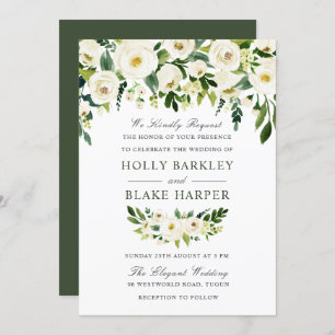 Invitation Aquarelle Florale blanche Elégant Mariage de verdu