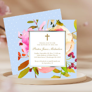Invitation Aquarelle florale bleu avec Baptême croisé