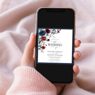 Invitation Aquarelle florale bleu Bourgogne marine Script