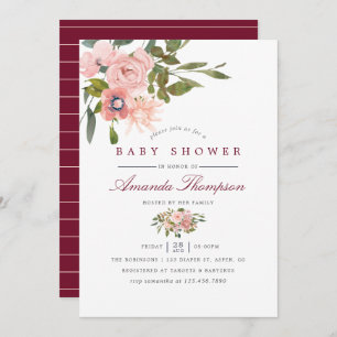 Invitation Aquarelle florale Bleu et Baby shower Bourgogne