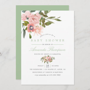Invitation Aquarelle florale Bleu et Baby shower Sage