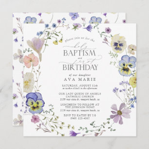 Invitation Aquarelle florale bleu Lilac Baptême 1er anniversa