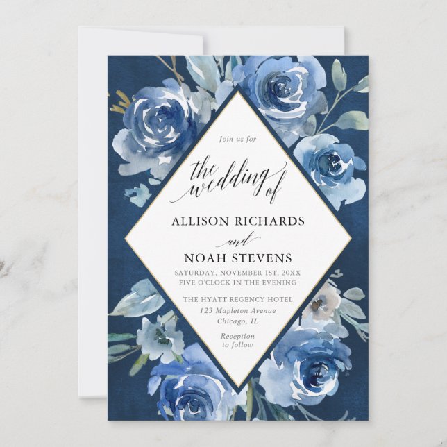Invitation Aquarelle florale bleu marine or mariage moderne (Devant)