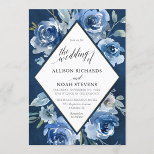 Invitation Aquarelle florale bleu marine or mariage moderne
