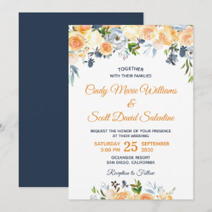Invitation Aquarelle Florale Bleu Nuit Corail Pêche Mariage