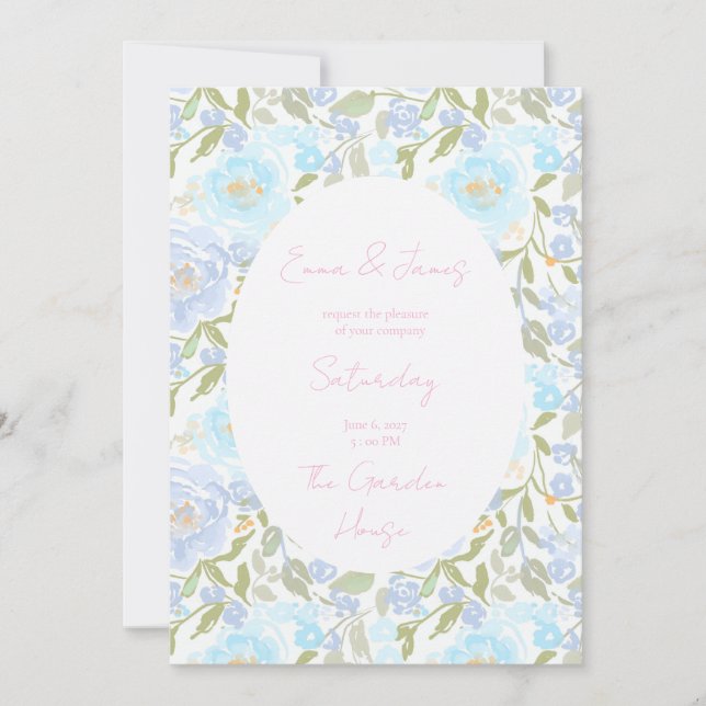 Invitation Aquarelle florale bleu pastel (Devant)