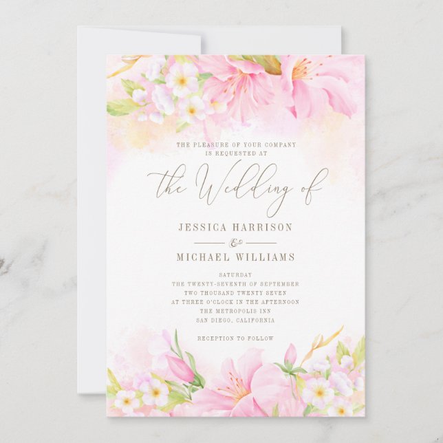 Invitation Aquarelle florale bleu rose ombre Boho botanique (Devant)