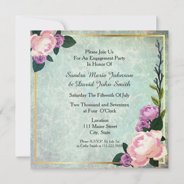 Invitation Aquarelle Florale Bleu & Rose Partie d'engagement (Devant)