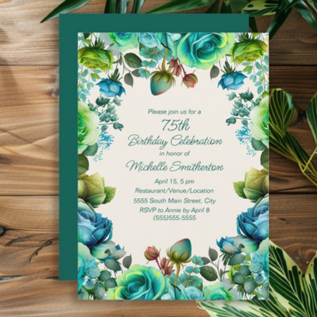 Invitation Aquarelle Florale Bleu Sarcelle Vert 75e Anniversa (Lime green, teal, and blue watercolor floral women's 75th birthday party invitation)