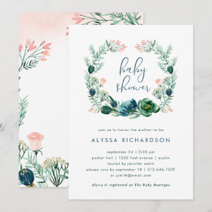 Invitation Aquarelle florale bleue et verte Baby shower