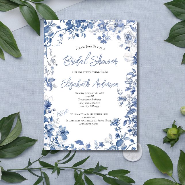 Invitation Aquarelle Florale Bleue Fête des mariées élégante (Blue Floral Watercolor Border Bridal Shower Invitation. Printed or Instant Digital Download)