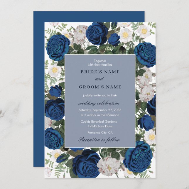 Invitation Aquarelle Florale Bleue Moderne Mariage élégant (Devant / Derrière)