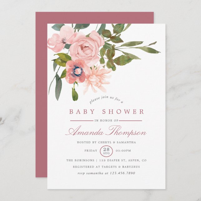 Invitation Aquarelle florale Blush et Baby shower Rose or (Devant / Derrière)