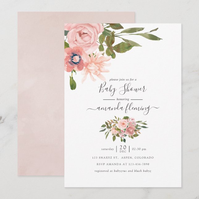 Invitation Aquarelle florale Blush et Baby shower Rose or (Devant / Derrière)