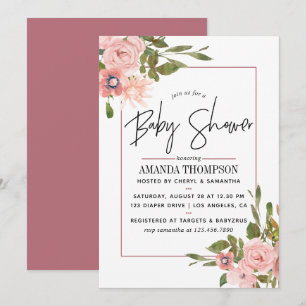 Invitation Aquarelle florale Blush et Baby shower Rose or