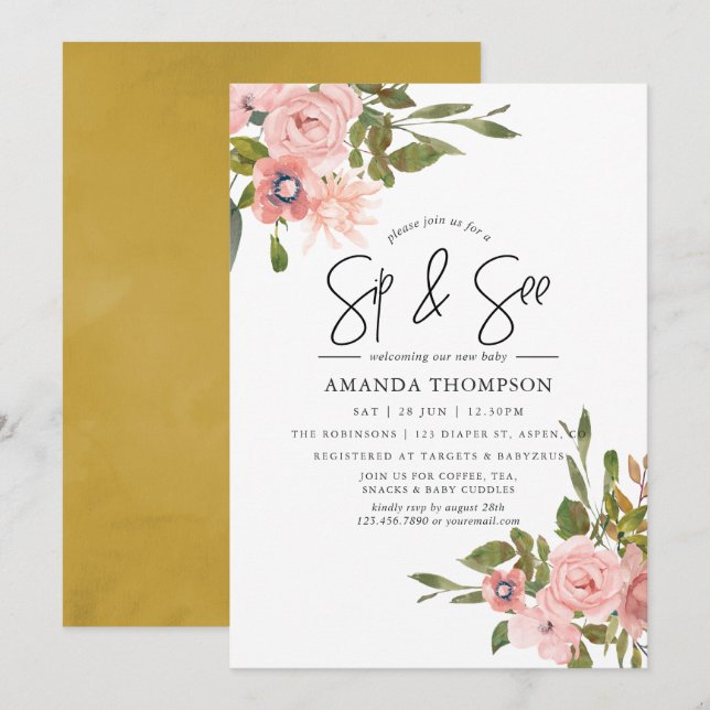 Invitation Aquarelle florale Blush et Gold Sip (Devant / Derrière)
