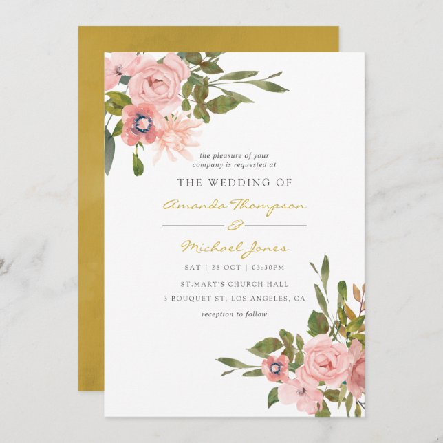 Invitation Aquarelle florale Blush et Gold Wedding Inviter (Devant / Derrière)