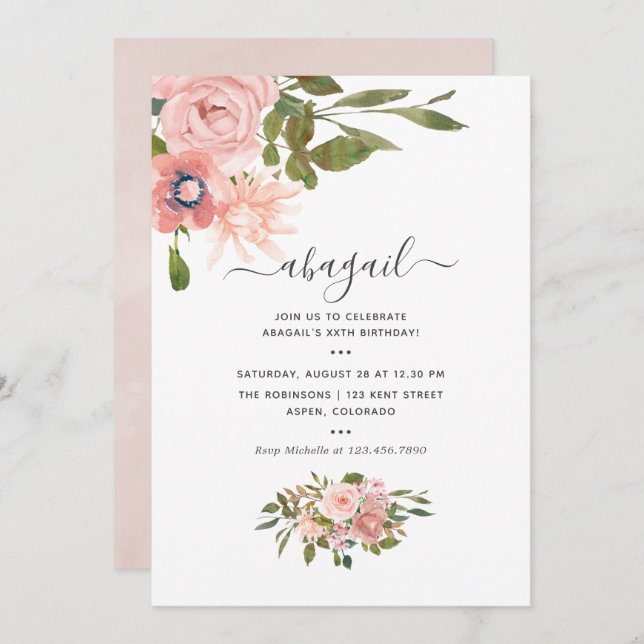 Invitation Aquarelle florale Blush et Rose Gold Anniversaire (Devant / Derrière)