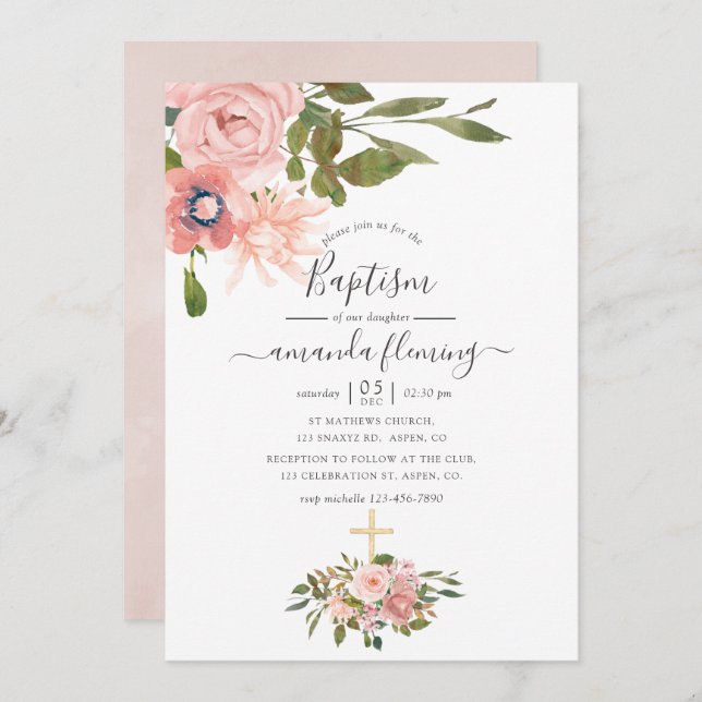 Invitation Aquarelle florale Blush et Rose Gold Baptism (Devant / Derrière)