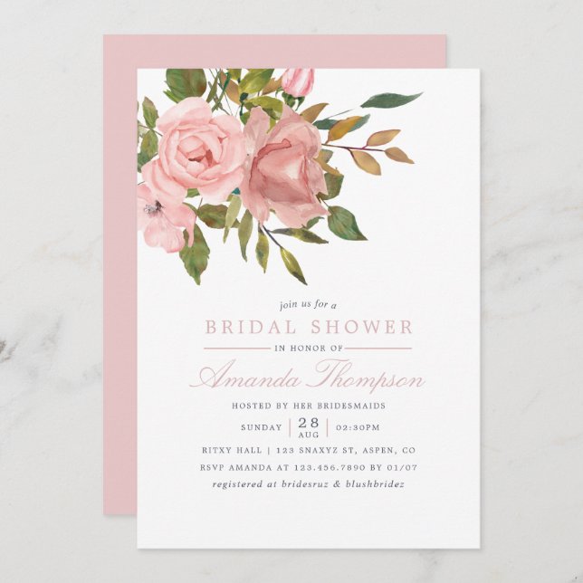 Invitation Aquarelle florale Blush Fête des mariées rose Invi (Devant / Derrière)