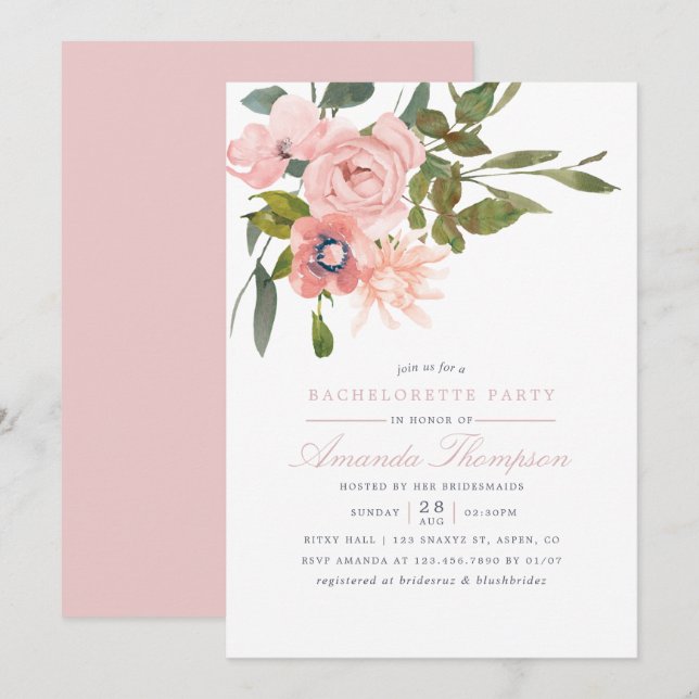 Invitation Aquarelle florale Blush Pink Bachelorte (Devant / Derrière)