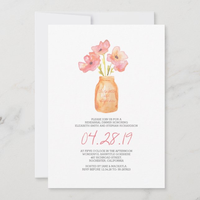 Invitation aquarelle florale blush REHEARSAL DINNER (Devant)