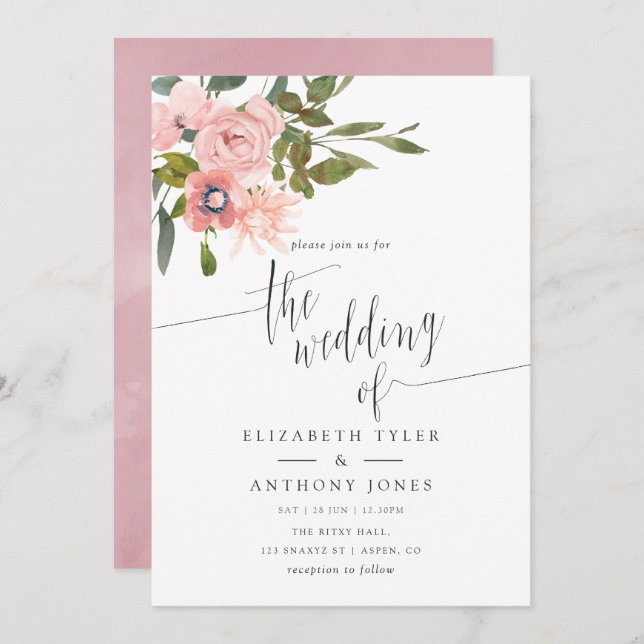 Invitation Aquarelle florale Blush Rose Mariage Inviter (Devant / Derrière)