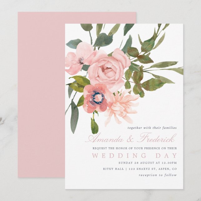 Invitation Aquarelle florale Blush Rose Mariage Inviter (Devant / Derrière)