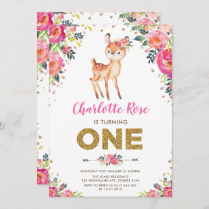 Invitation Aquarelle Florale Bois Cerf 1er anniversaire