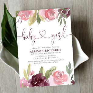 Invitation Aquarelle florale bordeaux bleu baby shower fille