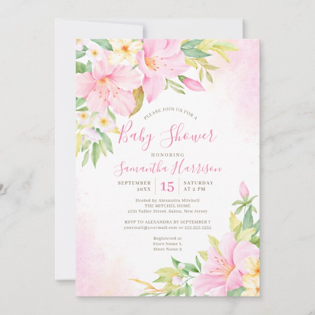 Invitation Aquarelle florale Botanique Blush Baby shower rose (Devant)