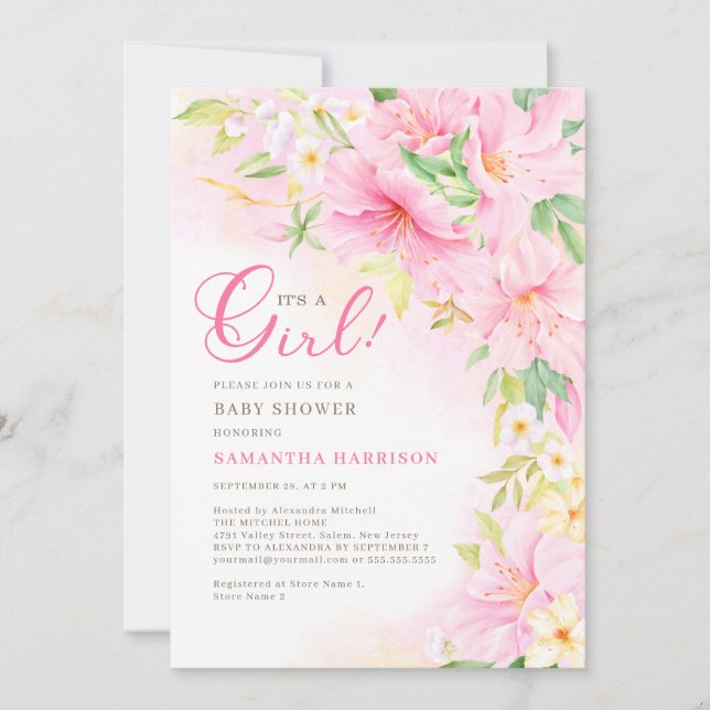 Invitation Aquarelle florale Botanique Blush Baby shower rose (Devant)