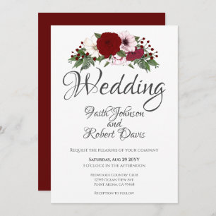 Invitation Aquarelle Florale Bourgogne Blanc-Blanc