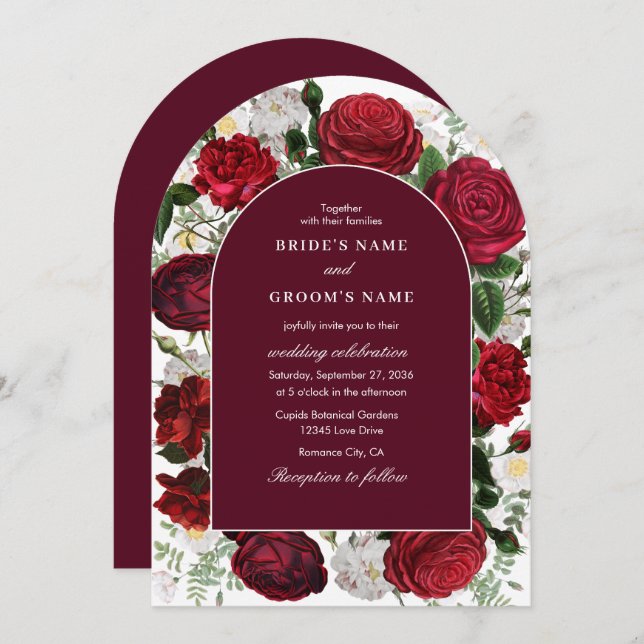 Invitation Aquarelle Florale Bourgogne Elégante Arche de Mari (Devant / Derrière)