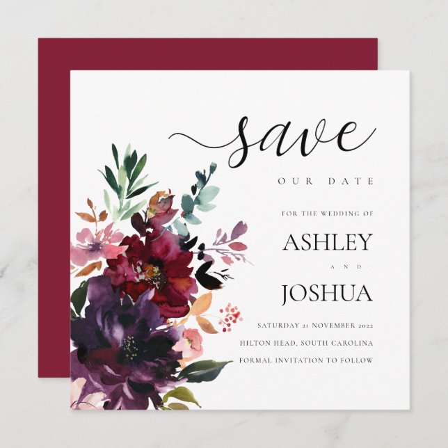 Invitation Aquarelle Florale Bourgogne Enregistrer La Date (Devant / Derrière)