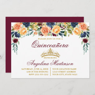 Invitation Aquarelle Florale Bourgogne Gold Quinceanera Party