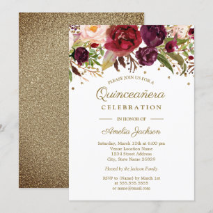Invitation Aquarelle Florale Bourgogne or Quinceanera Invitat
