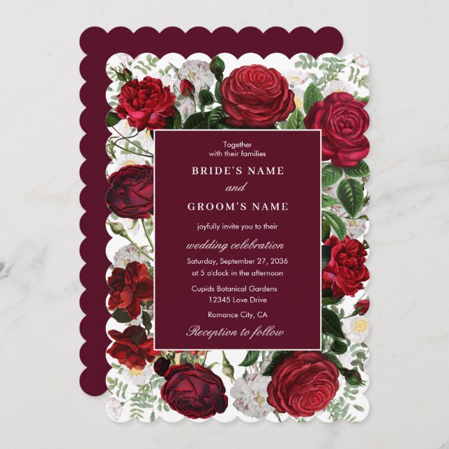 Invitation Aquarelle florale bourguignonne moderne Mariage él (Devant / Derrière)