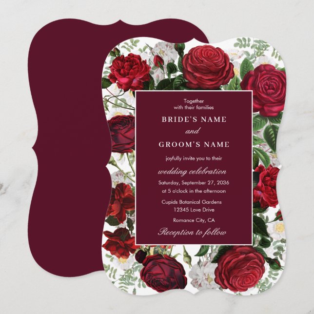 Invitation Aquarelle florale bourguignonne moderne Mariage él (Devant / Derrière)