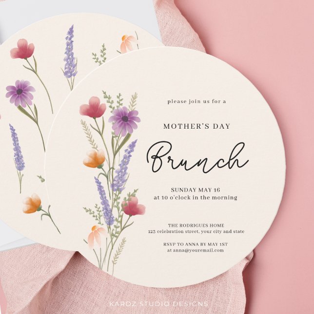 Invitation Aquarelle florale Brunch Fête des mères (Front and back of round invitation in 5.25 inches. )