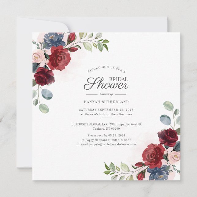 Invitation Aquarelle florale Burgundy Blush Fête des mariées (Devant)