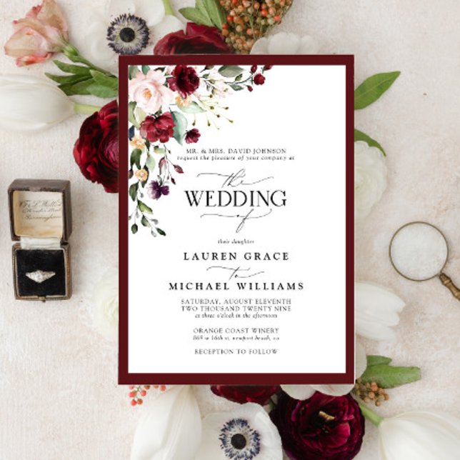 Invitation Aquarelle florale Burgundy Formelle Script Inv (Créateur téléchargé)