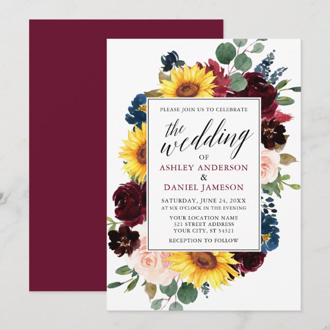 Invitation Aquarelle Florale Calligraphie Bourgogne Mariage (Devant / Derrière)