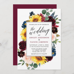 Invitation Aquarelle Florale Calligraphie Bourgogne Mariage