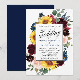 Invitation Aquarelle Florale Calligraphie Mariage Bleu