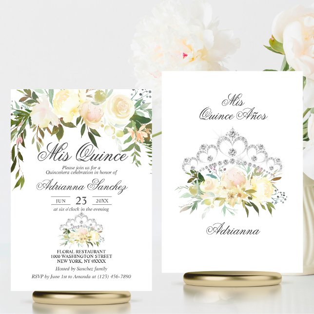 Invitation Aquarelle Florale Crème rose Ivory Quinceañera (Watercolor Floral Pink Cream Ivory Quinceañera Invitation | Mis Quince)