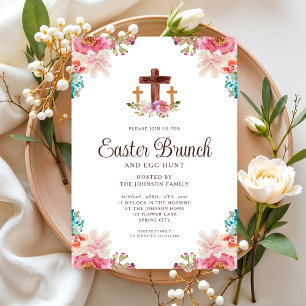 Invitation Aquarelle florale Croix religieuse Brunch de Pâque