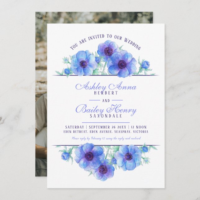 Invitation Aquarelle florale d'anémone bleu photo mariage (Devant / Derrière)